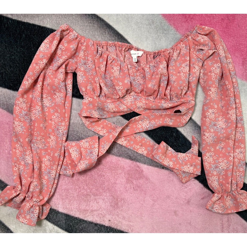 Better Be Pink Floral Off The Shoulder Wrap Tie Crop Top Long Sleeve Small